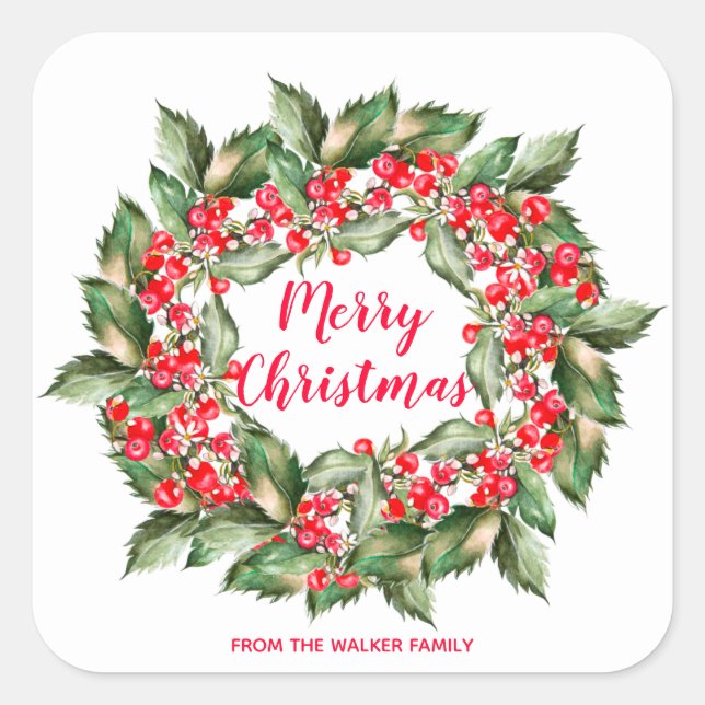 Personalised Christmas Berries Wreath Square Sticker (Front)