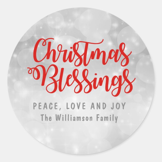 Personalised Christmas Blessings Silver and Red Classic Round Sticker (Front)