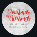 Personalised Christmas Blessings Silver and Red Classic Round Sticker<br><div class="desc">Beautiful and traditional Christmas Blessings silver envelope seal or Christmas sticker. It begins with a soft silver grey background that has soft circles and dots of light in it. Christmas Blessings is written in a holiday red script font. Peace, Love and Joy is written below. in dark grey capital letters....</div>
