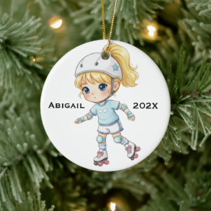 Personalised Christmas Blonde Girl Roller Skating Ceramic Tree Decoration
