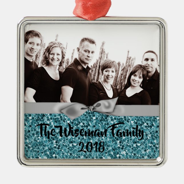 Personalised Christmas Blue Glitter PHOTO Ornament (Front)