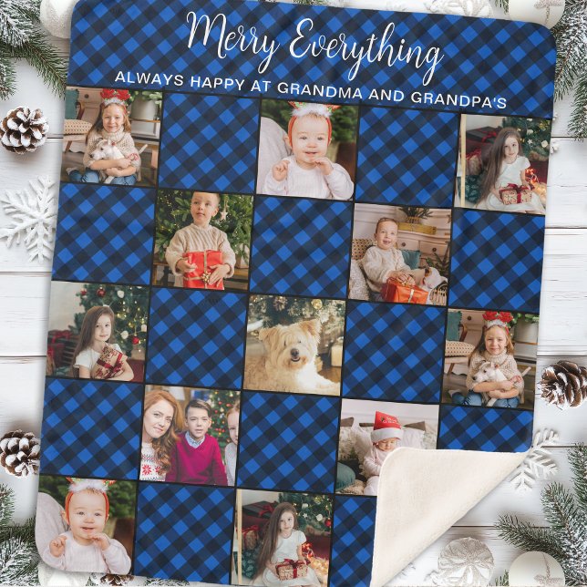 Personalised Christmas Blue Plaid Photo Collage Sherpa Blanket (Creator Uploaded)
