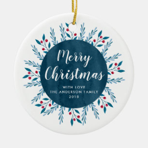 Personalised Christmas Blue Watercolor Floral Ceramic Tree Decoration