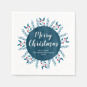 Personalised Christmas Blue Watercolor Floral Napkin