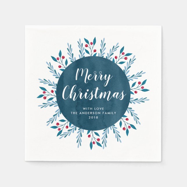 Personalised Christmas Blue Watercolor Floral Napkin (Front)
