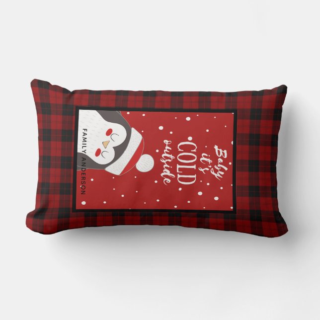 Personalised Christmas Buffalo Plaid Penguin Cute Lumbar Cushion (Front)