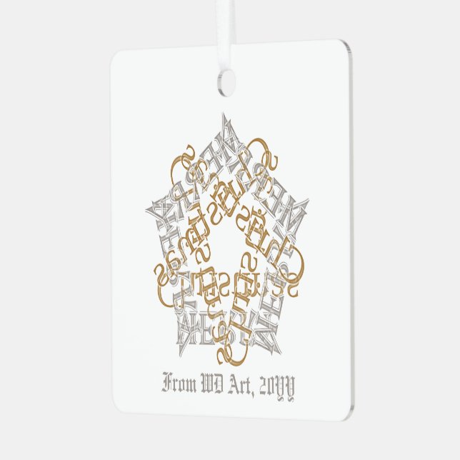 Personalised Christmas Calligraphy Art Gold Silver Metal Tree Decoration (Front Left)