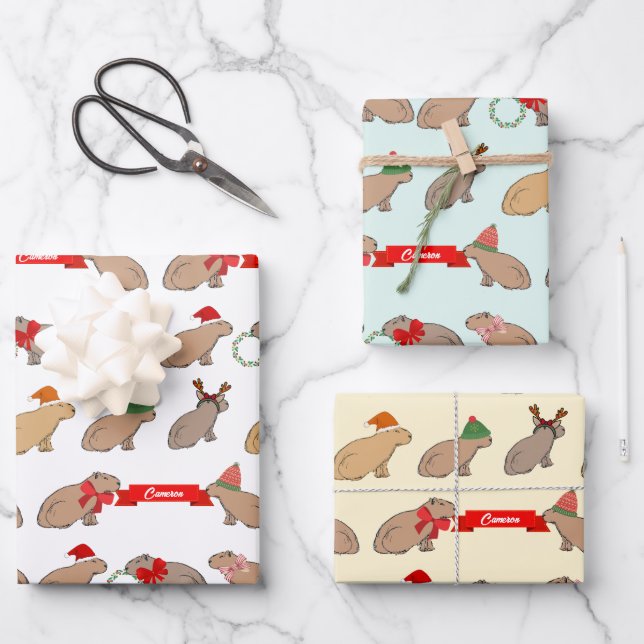 Personalised Christmas Capybara Cute Wildlife Wrapping Paper Sheet (Front)