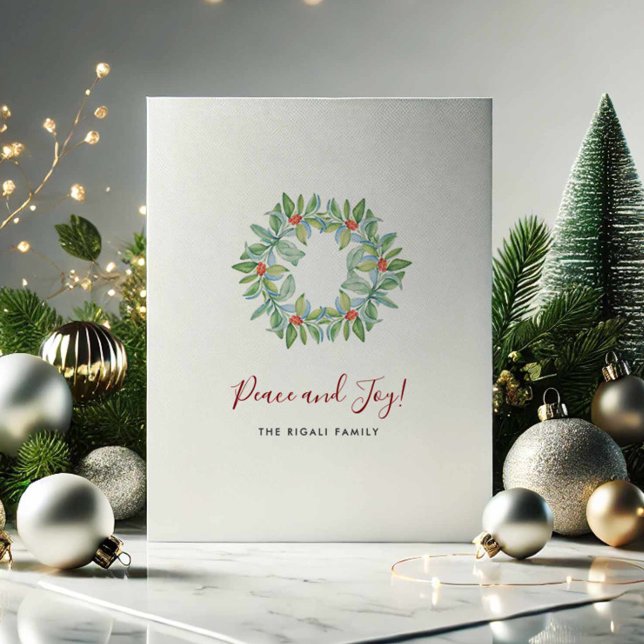 Personalised Christmas Cards No Photo (Personalized Christmas cards no photo with watercolor wreath art Victoria Grigaliunas DoTellABelle)