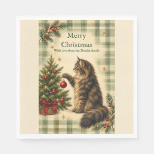 Personalised Christmas Cat Green Plaid Napkins