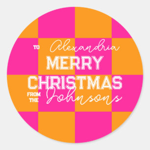 Personalised Christmas Check Hot Pink Orange Classic Round Sticker