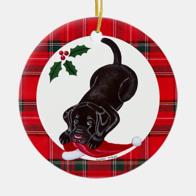 Personalised Christmas Chocolate Lab Puppy Ceramic Tree Decoration (Front)