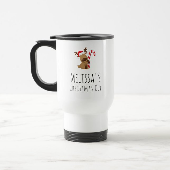 Personalised Christmas Cup, Cute Reindeer Mug (Left)
