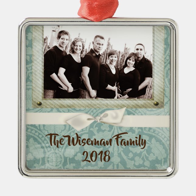 Personalised Christmas Damask Winte PHOTO Ornament (Front)