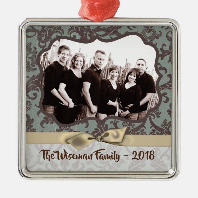 Personalised Christmas Damask Winte PHOTO Ornament (Front)