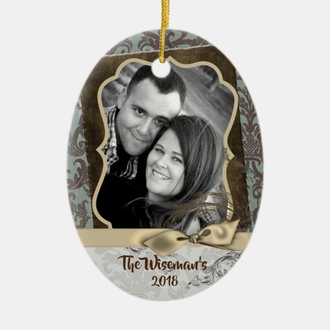 Personalised Christmas Damask Winte PHOTO Ornament (Front)