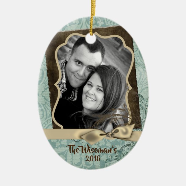Personalised Christmas Damask Winte PHOTO Ornament (Front)
