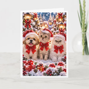 Personalised Christmas Dog and Two Cats Holiday Gr Card