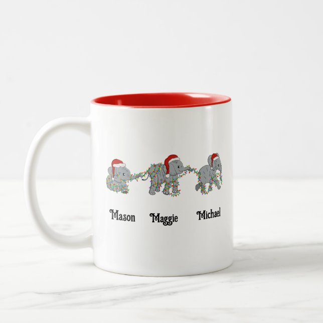 Personalised Christmas Elephant With Names Two-Tone Coffee Mug (Left)