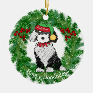 Personalised Christmas Elf Sheepadoodle Ceramic Tree Decoration
