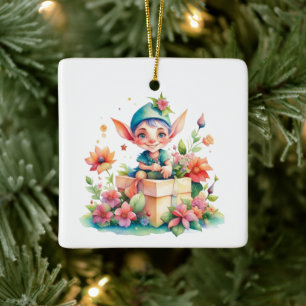 Personalised Christmas Elf Watercolor Illustration Ceramic Ornament