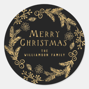 Personalised Christmas Envelope Seal, Black & Gold Classic Round Sticker