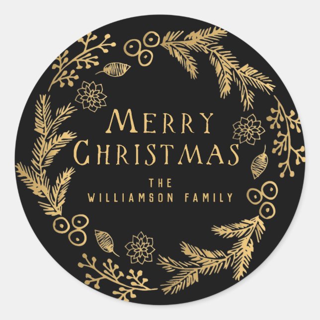 Personalised Christmas Envelope Seal, Black & Gold Classic Round Sticker (Front)