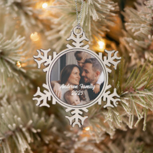 Personalised Christmas Family Custom Photo Text Snowflake Pewter Christmas Ornament