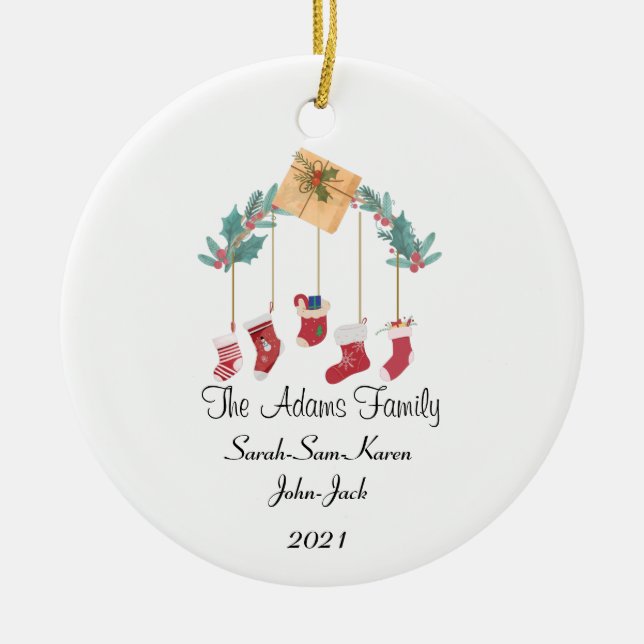 Personalised Christmas Family Stockings Ceramic Tree Decoration (Front)