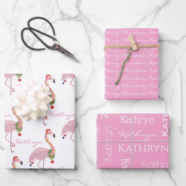 Personalised Christmas Flamingos Wrapping Paper Sheet (Front)