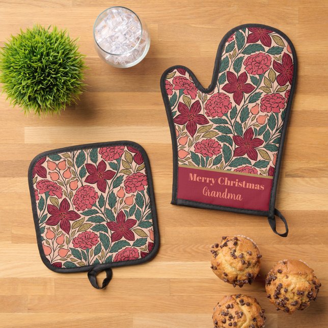 Personalised Christmas flowers Oven Mitt & Pot Ho Holder Set (Creator Uploaded)