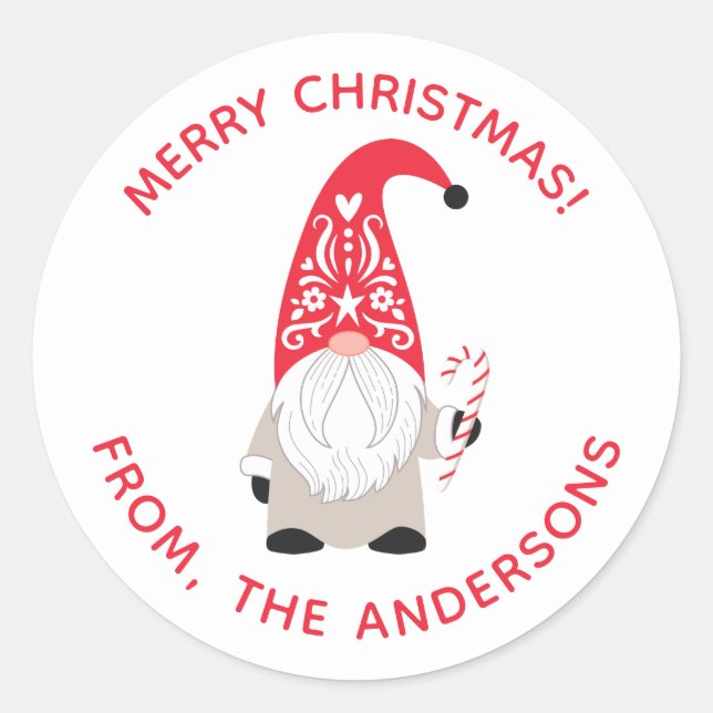 Personalised Christmas Gnome Classic Round Sticker (Front)