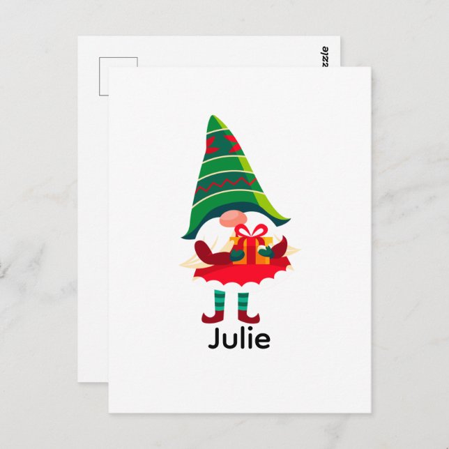 Personalised Christmas Gnome Holding a Gift Box Postcard (Front/Back)