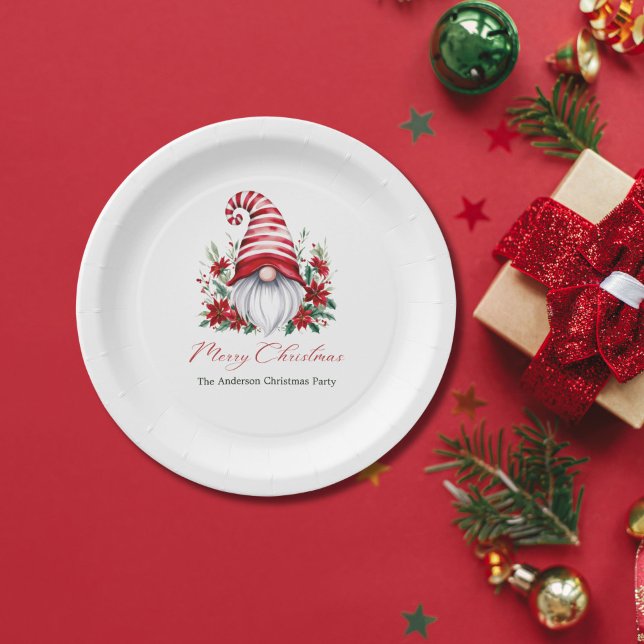 Personalised Christmas Gnome Poinsettia Holiday Paper Plate (Christmas Gnomes with Poinsettia Holiday paper plates. Personalized )