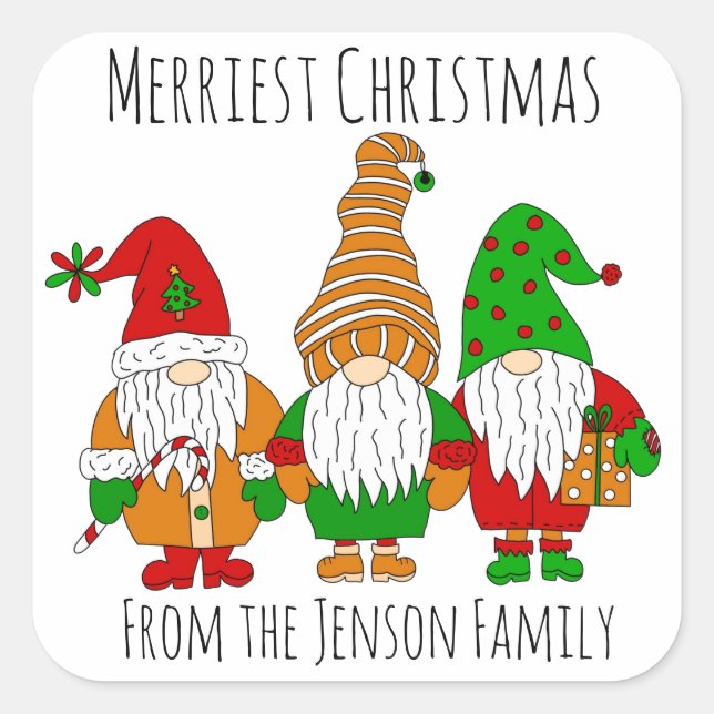 Personalised Christmas Gnomes Merriest Christmas   Square Sticker (Front)