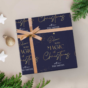 Personalised Christmas Gold Calligraphy Name Navy Wrapping Paper