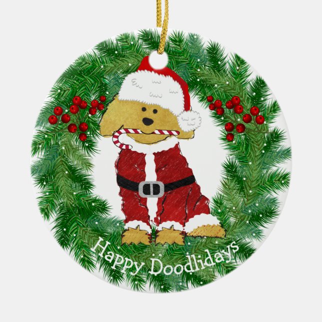 Personalised Christmas Goldendoodle Santa Claus Ceramic Tree Decoration (Front)