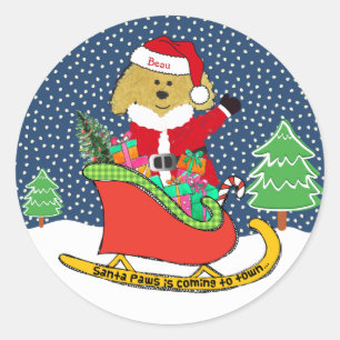Personalised Christmas GoldenDoodle Santa Sleigh Classic Round Sticker