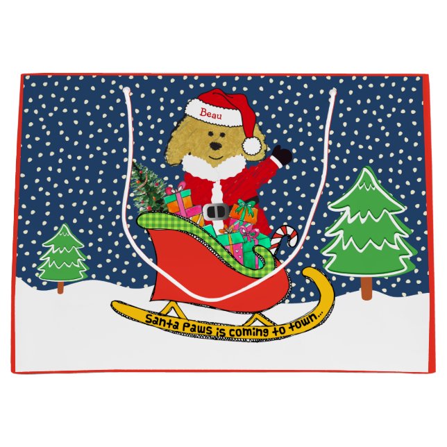Personalised Christmas GoldenDoodle Santa Sleigh Large Gift Bag (Front)