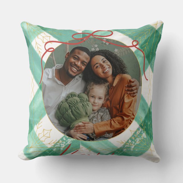 Personalised christmas green gingham  cushion (Front)