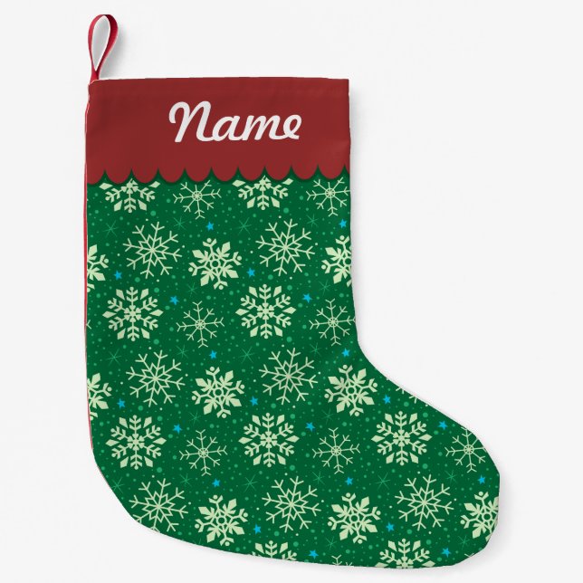 Personalised Christmas Green Snowflake Pattern Small Christmas Stocking (Front)
