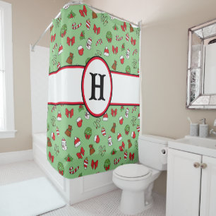 Personalised Christmas Green, White and Red Shower Curtain