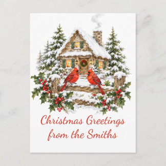 Personalised Christmas Greetings Cardinal Cabin Postcard