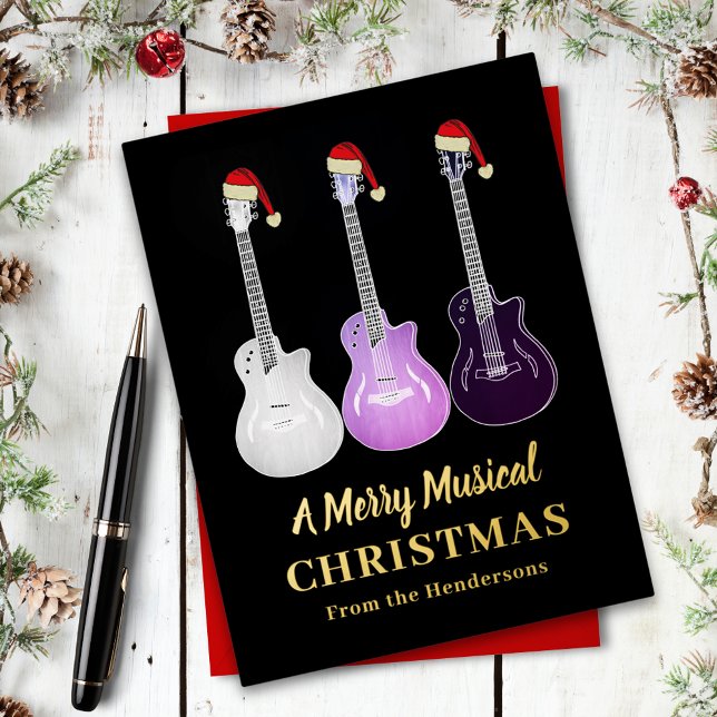 Personalised Christmas Guitar Black & Gold Foil Holiday Postcard (Personalized merry music christmas guitars wearing Santa hats pink, black and gold foil holiday card)