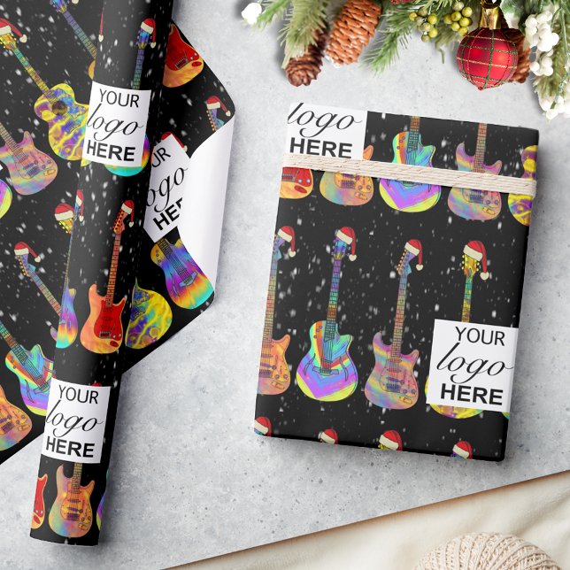 Personalised Christmas Guitar Business Logo Wrapping Paper (Personalized Guitar Christmas business logo Colorful psychedelic guitar pattern)