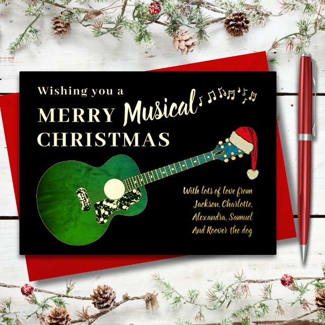 Personalised Christmas Guitar & Santa Hat Gold (Christmas guitar wearing a Santa hat green and gold foil music themed custom holiday greetings card)