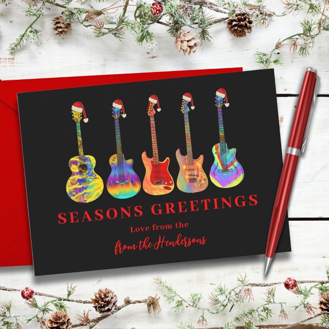Personalised Christmas Guitars Seasons Greetings Holiday Card (Cool music seasons greetings colorful guitars wearing Santa hats red and black holidays card)