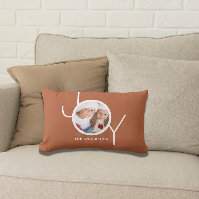 Personalised Christmas Holiday Joy Rust Photo Lumbar Cushion (Creator Uploaded)