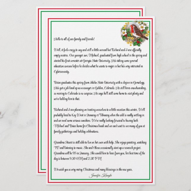 Personalised Christmas Holiday Newsletter Bird (Front/Back)