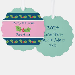Personalised Christmas Holly & Berries Tree Decoration Card